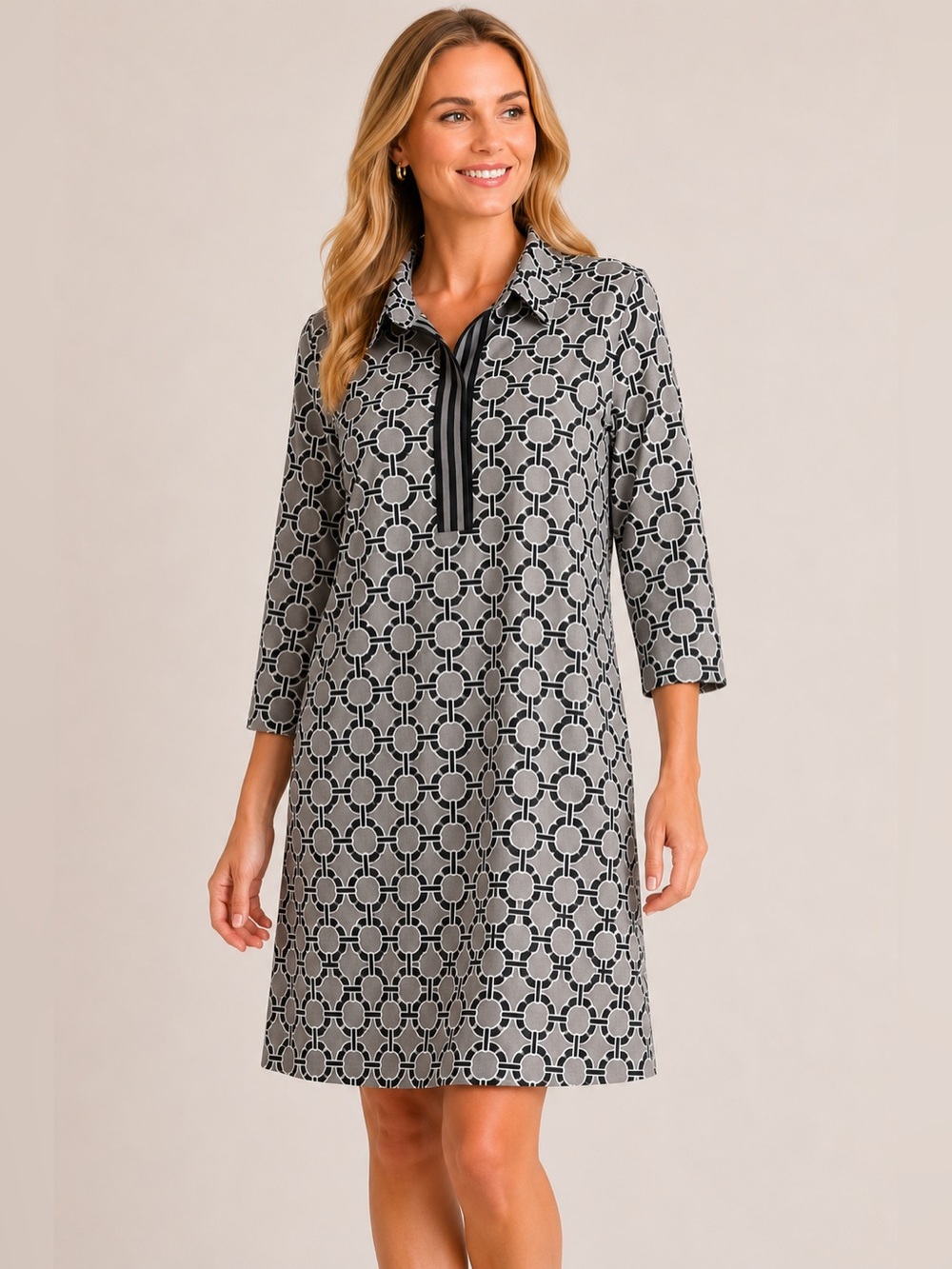 NWT Gretchen Scott Geometric Print Shift Dress Size Medium Gray‎ Black Preppy